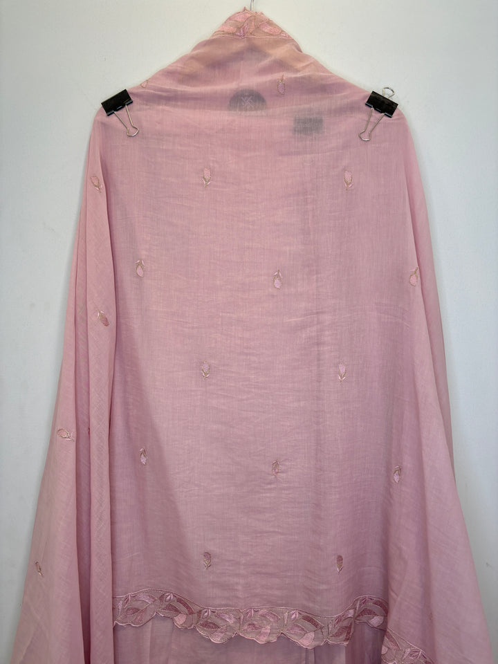 Pink Mul Cotton Unstitched Suit with Applique &amp; Embroidered Dupatta