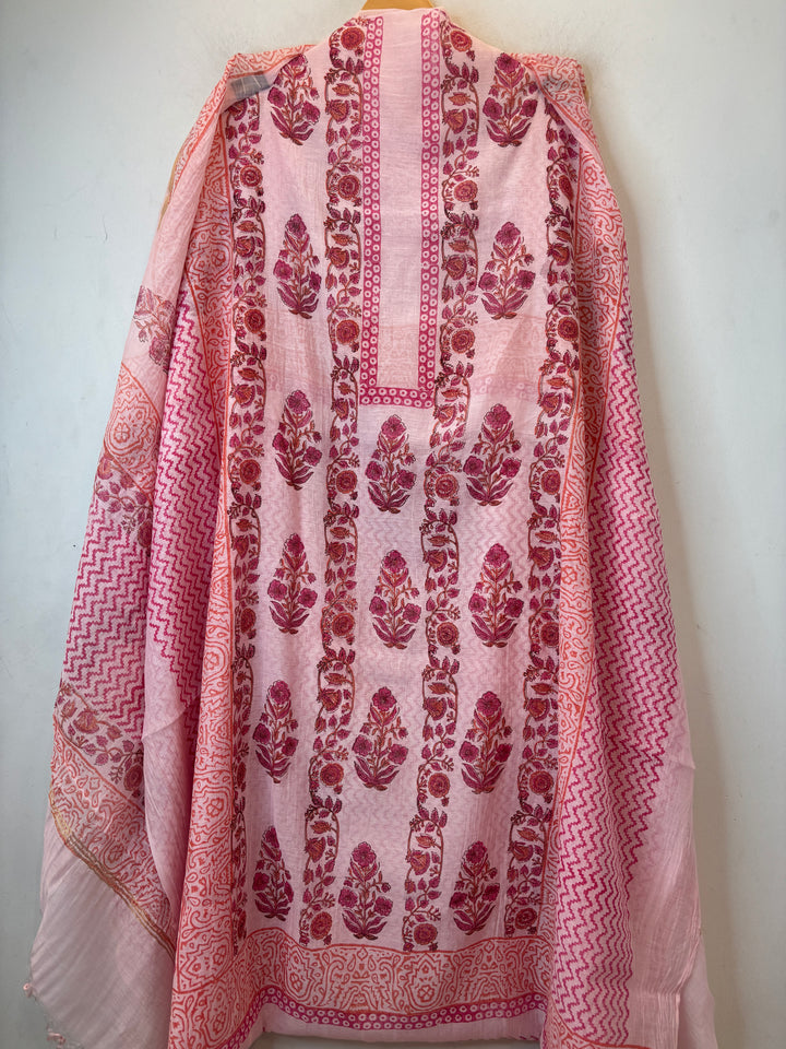 Pink Mul Chanderi Hand Block Printed Suit Set ML3