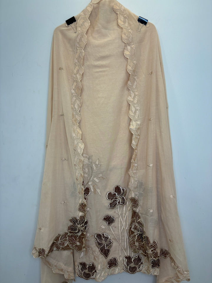 Beige Mul Cotton Unstitched Suit with Applique &amp; Embroidered Dupatta