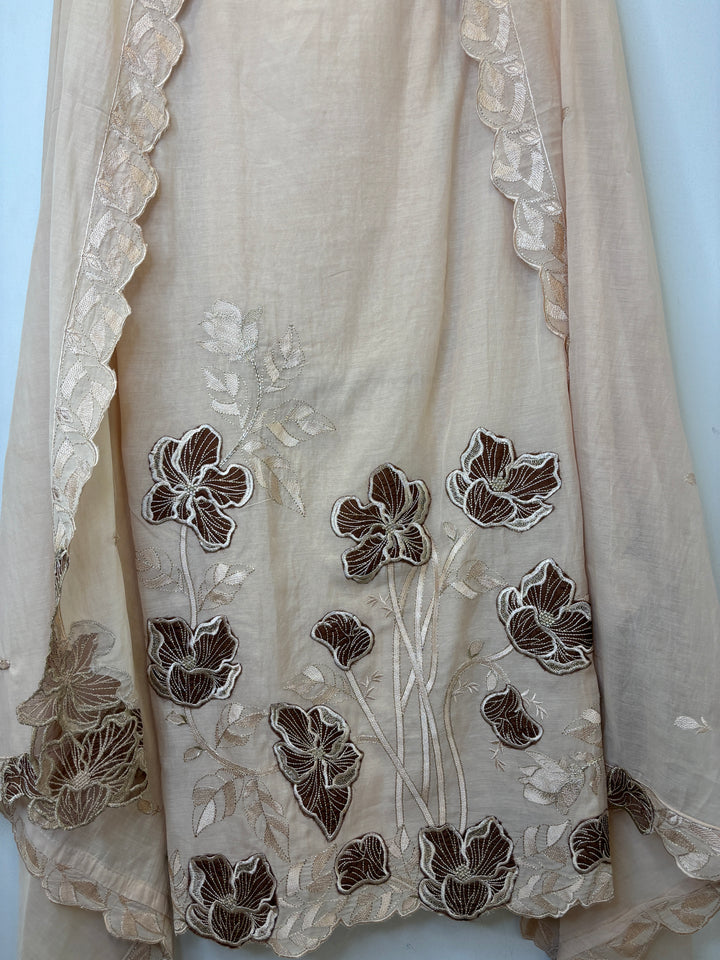 Beige Mul Cotton Unstitched Suit with Applique &amp; Embroidered Dupatta
