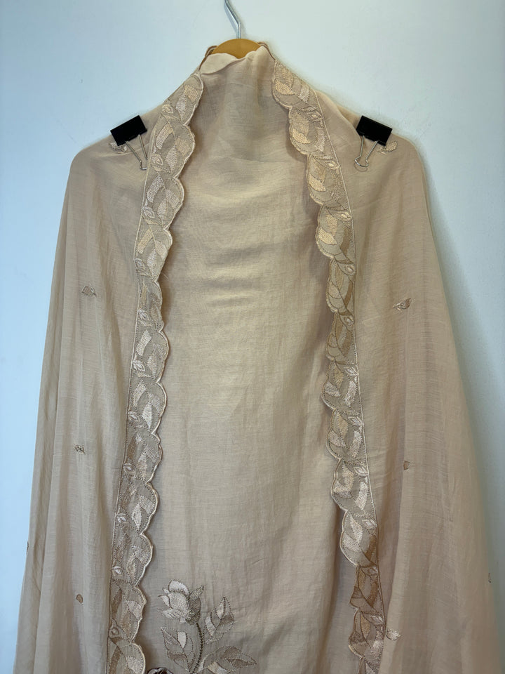 Beige Mul Cotton Unstitched Suit with Applique &amp; Embroidered Dupatta