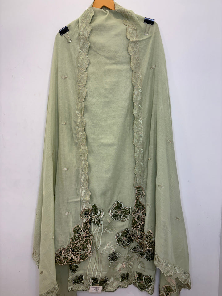 Green Mul Cotton Unstitched Suit with Applique &amp; Embroidered Dupatta