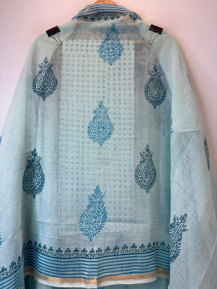 Blue Mul Chanderi Hand Block Printed Suit Set ML2