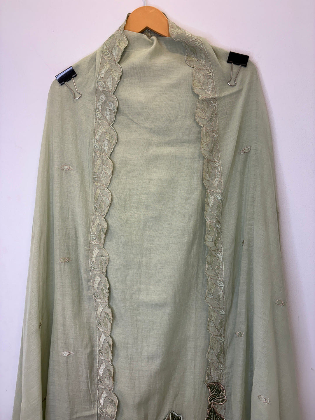Green Mul Cotton Unstitched Suit with Applique &amp; Embroidered Dupatta