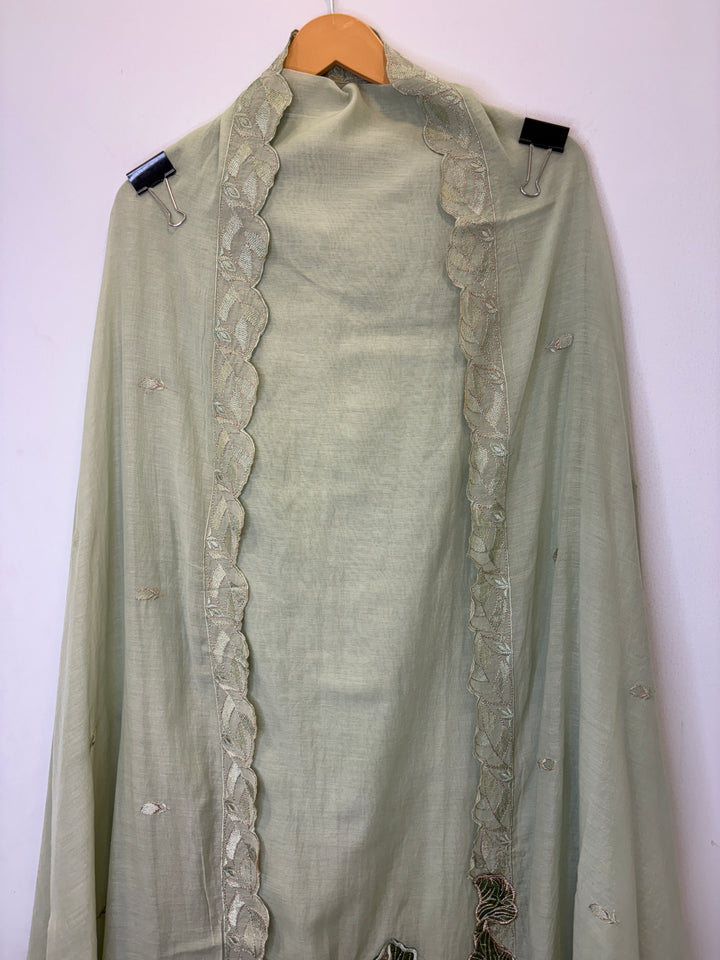 Green Mul Cotton Unstitched Suit with Applique &amp; Embroidered Dupatta