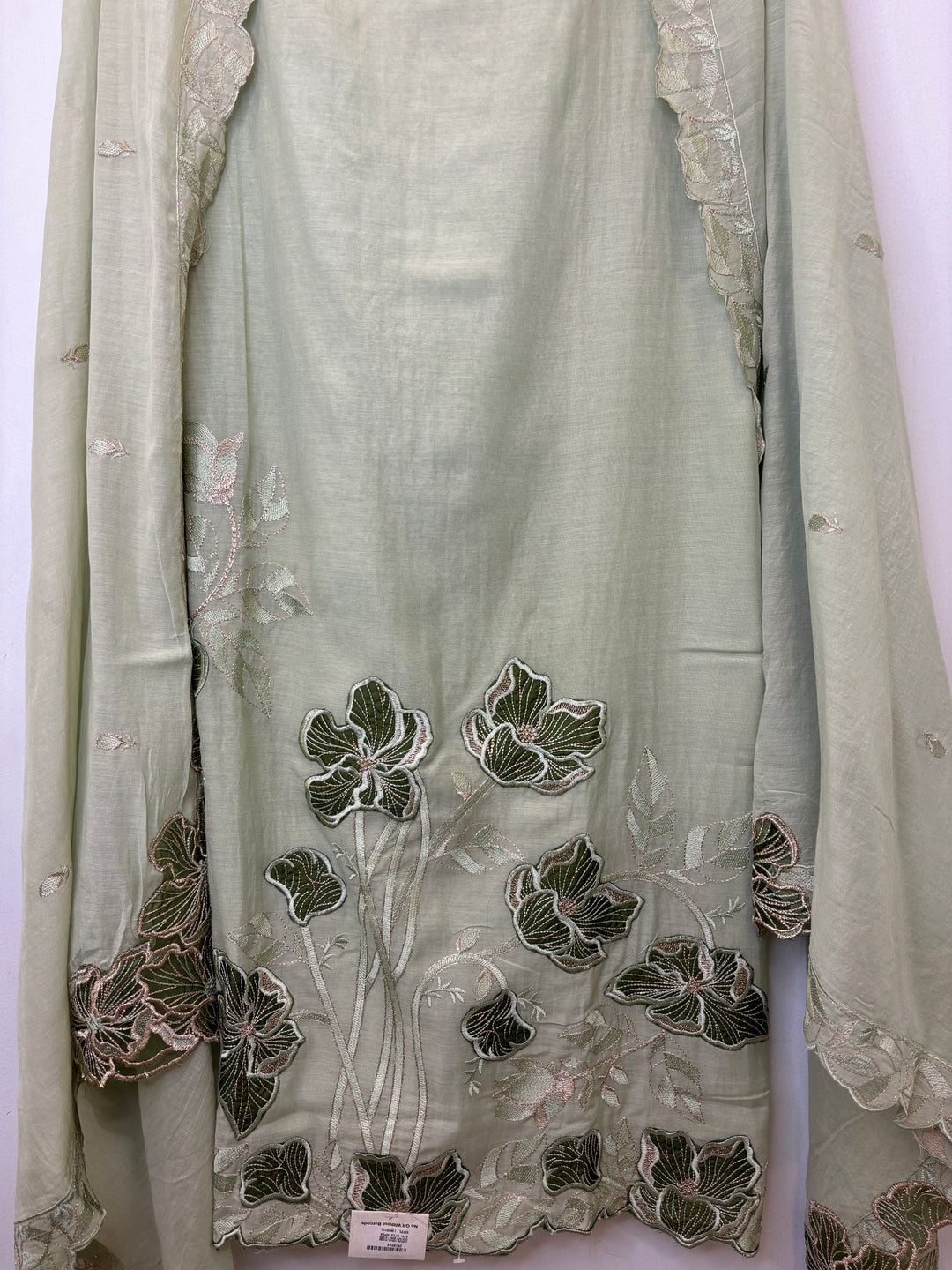 Green Mul Cotton Unstitched Suit with Applique &amp; Embroidered Dupatta
