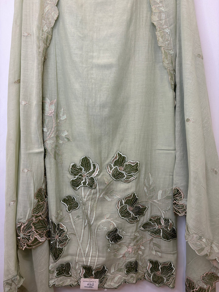 Green Mul Cotton Unstitched Suit with Applique &amp; Embroidered Dupatta