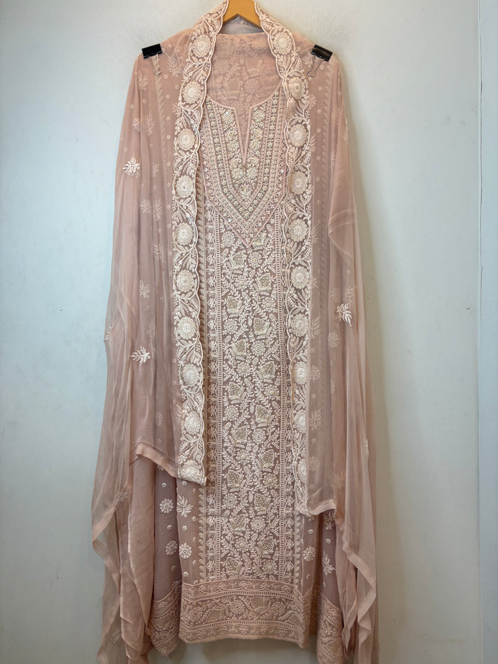 Peach Georgette Embroidered Suit Set with Zari &amp; Cutdana Work