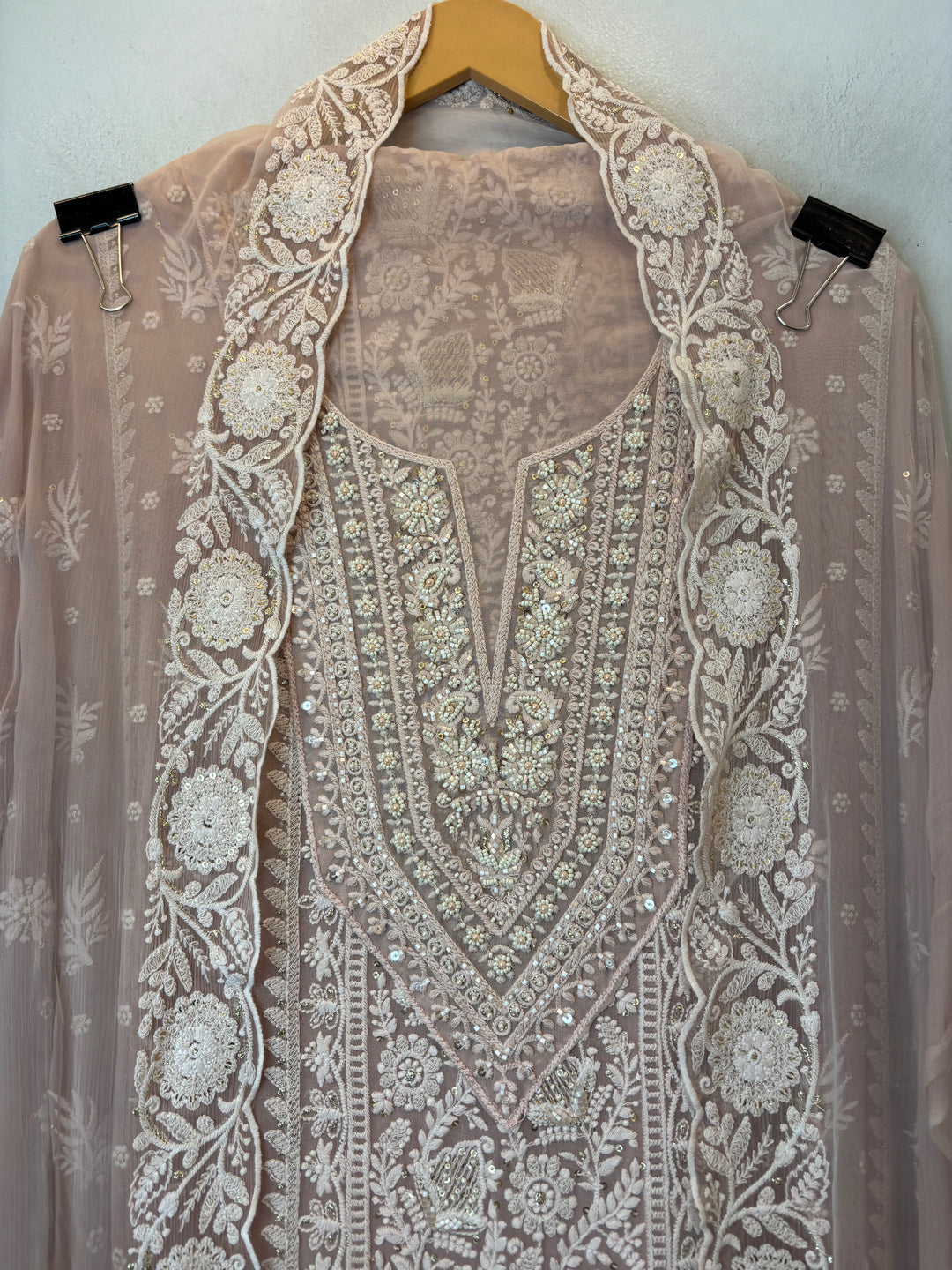 Peach Georgette Embroidered Suit Set with Zari &amp; Cutdana Work