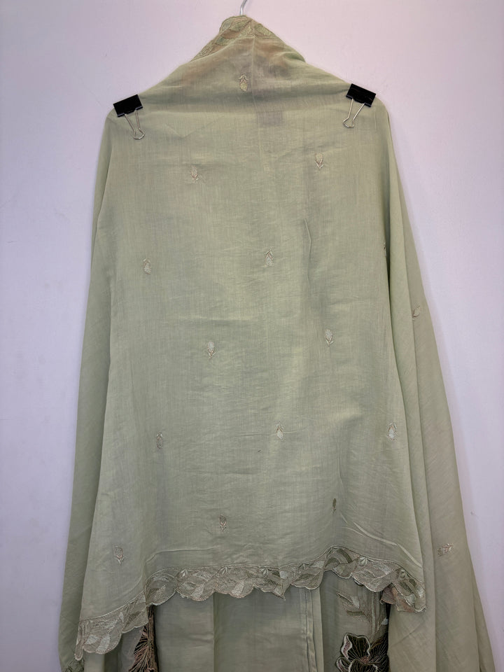 Green Mul Cotton Unstitched Suit with Applique &amp; Embroidered Dupatta