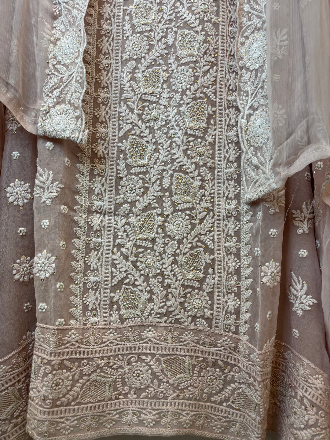 Peach Georgette Embroidered Suit Set with Zari &amp; Cutdana Work