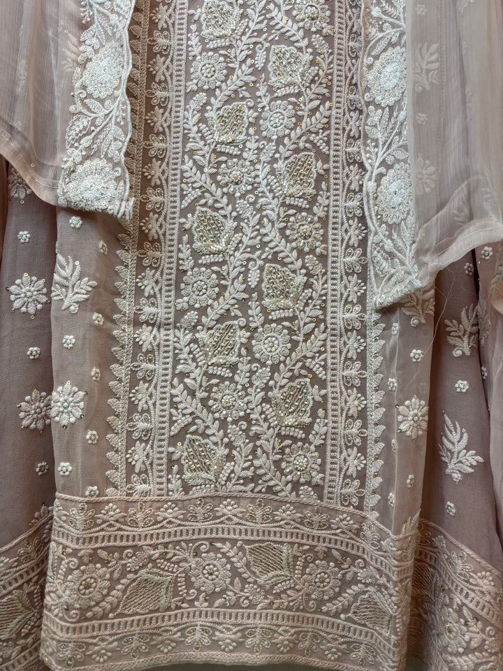 Peach Georgette Embroidered Suit Set with Zari &amp; Cutdana Work