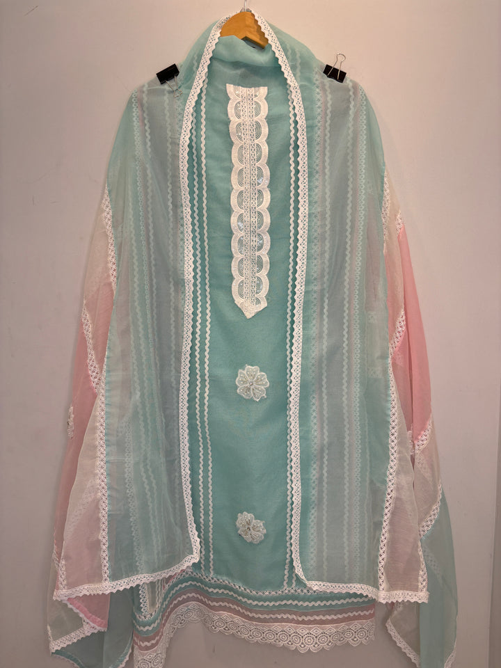 Green Kota Unstitched Suit with Lace Detailing in Three-Tone Shades