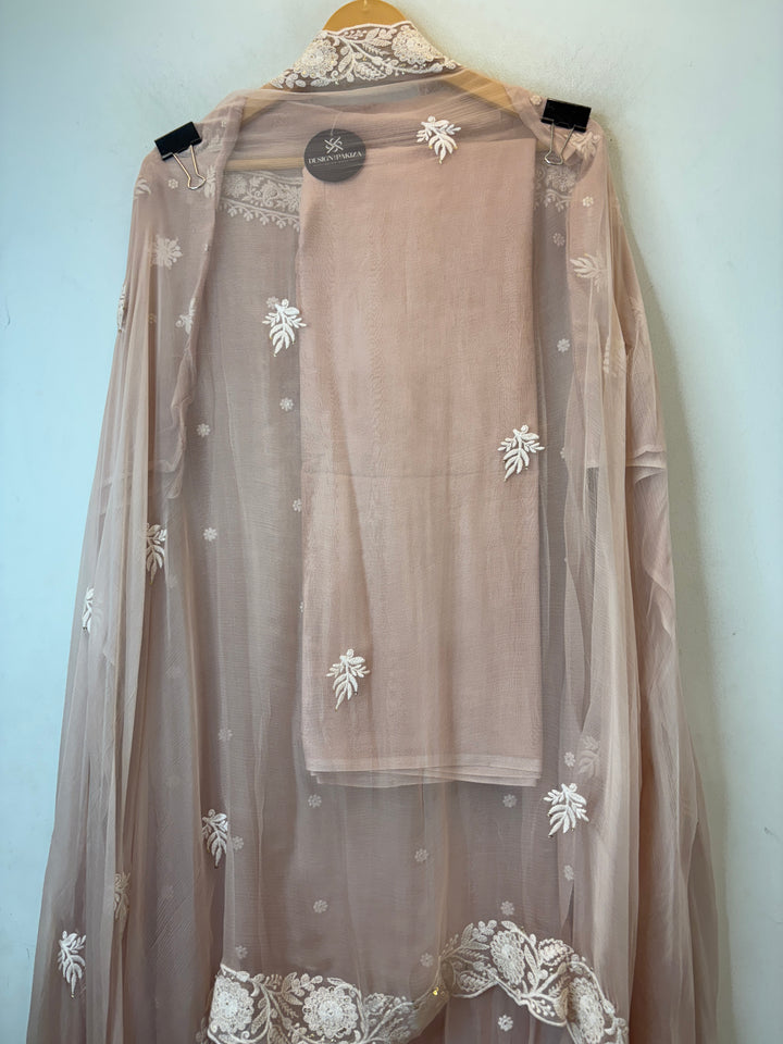 Peach Georgette Embroidered Suit Set with Zari &amp; Cutdana Work