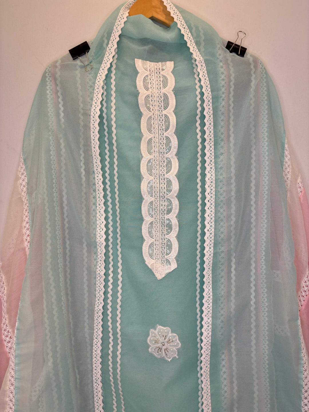 Green Kota Unstitched Suit with Lace Detailing in Three-Tone Shades