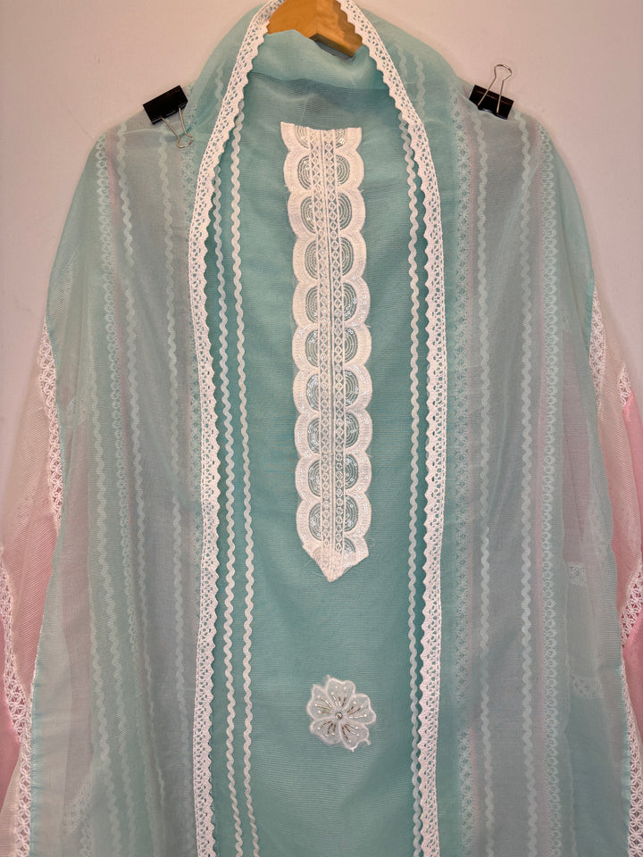 Green Kota Unstitched Suit with Lace Detailing in Three-Tone Shades