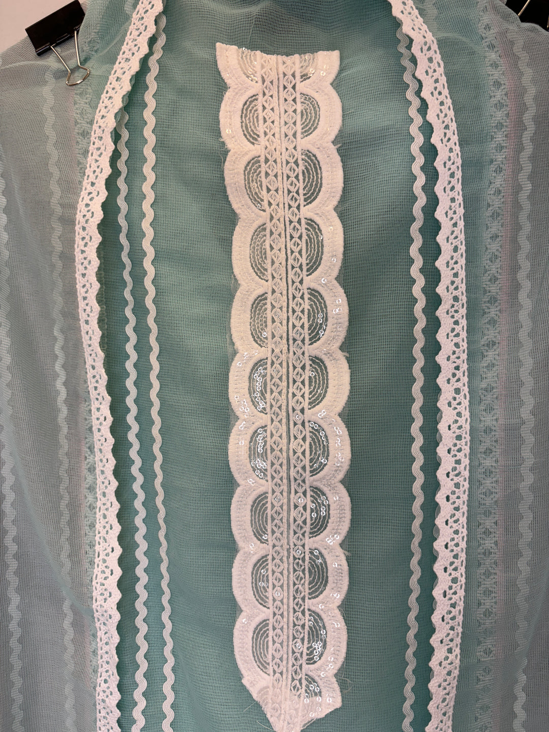 Green Kota Unstitched Suit with Lace Detailing in Three-Tone Shades