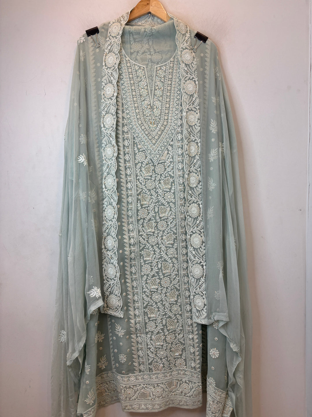 Ice Grey Green Georgette Embroidered Suit Set with Zari &amp; Cutdana Work