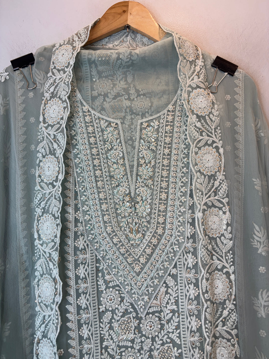Ice Grey Green Georgette Embroidered Suit Set with Zari &amp; Cutdana Work