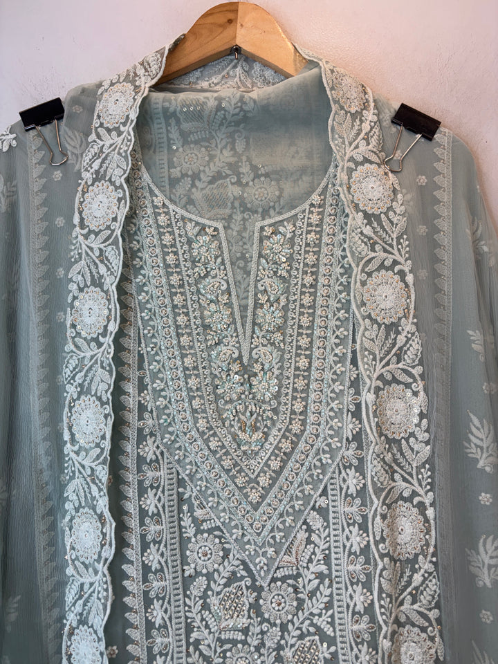Ice Grey Green Georgette Embroidered Suit Set with Zari &amp; Cutdana Work