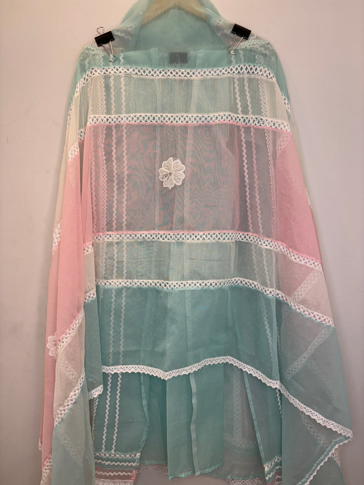 Green Kota Unstitched Suit with Lace Detailing in Three-Tone Shades