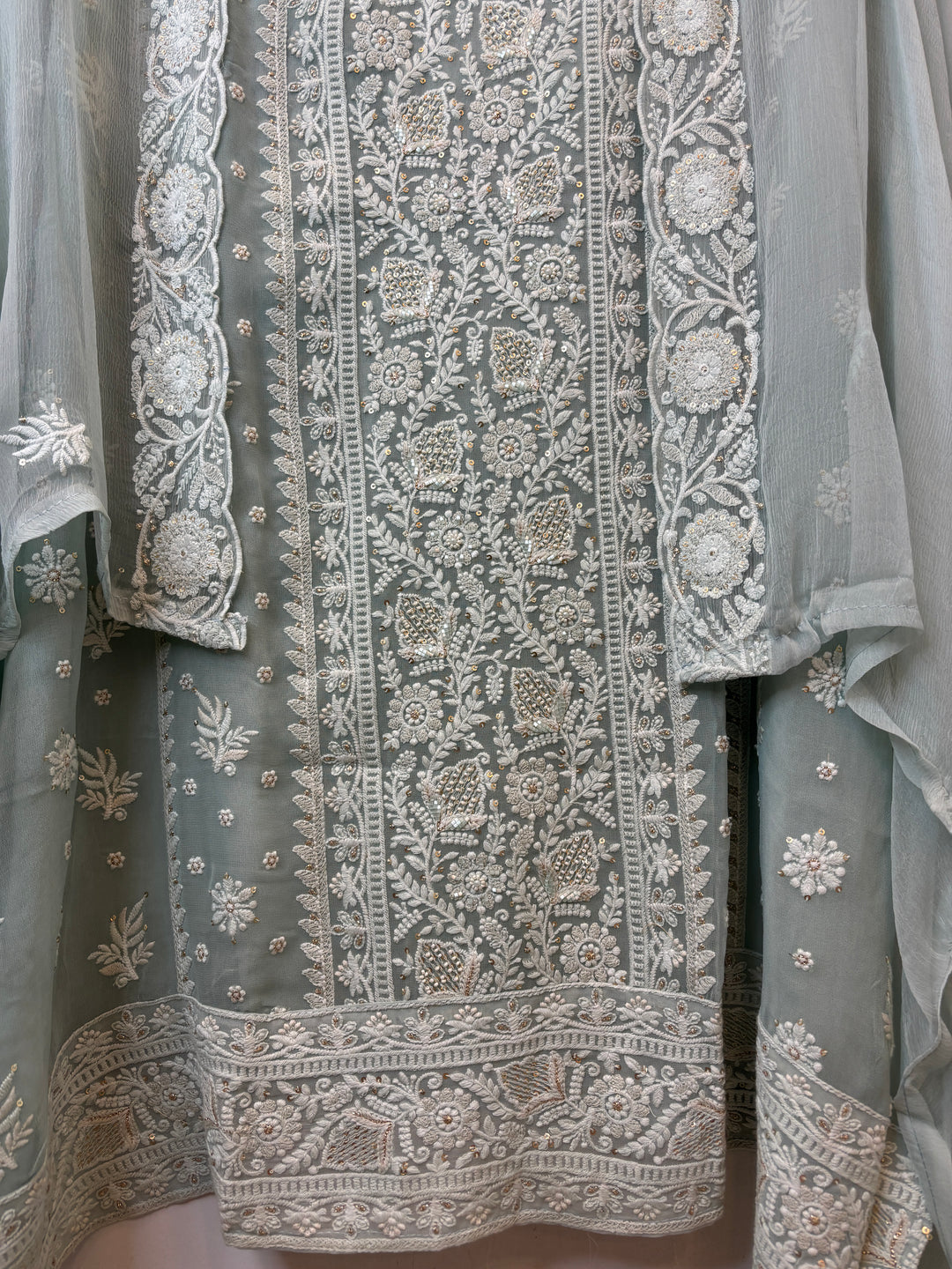 Ice Grey Green Georgette Embroidered Suit Set with Zari &amp; Cutdana Work