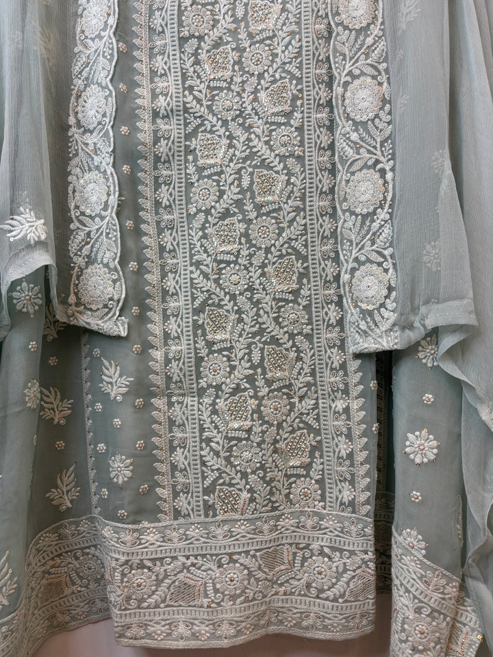 Ice Grey Green Georgette Embroidered Suit Set with Zari &amp; Cutdana Work