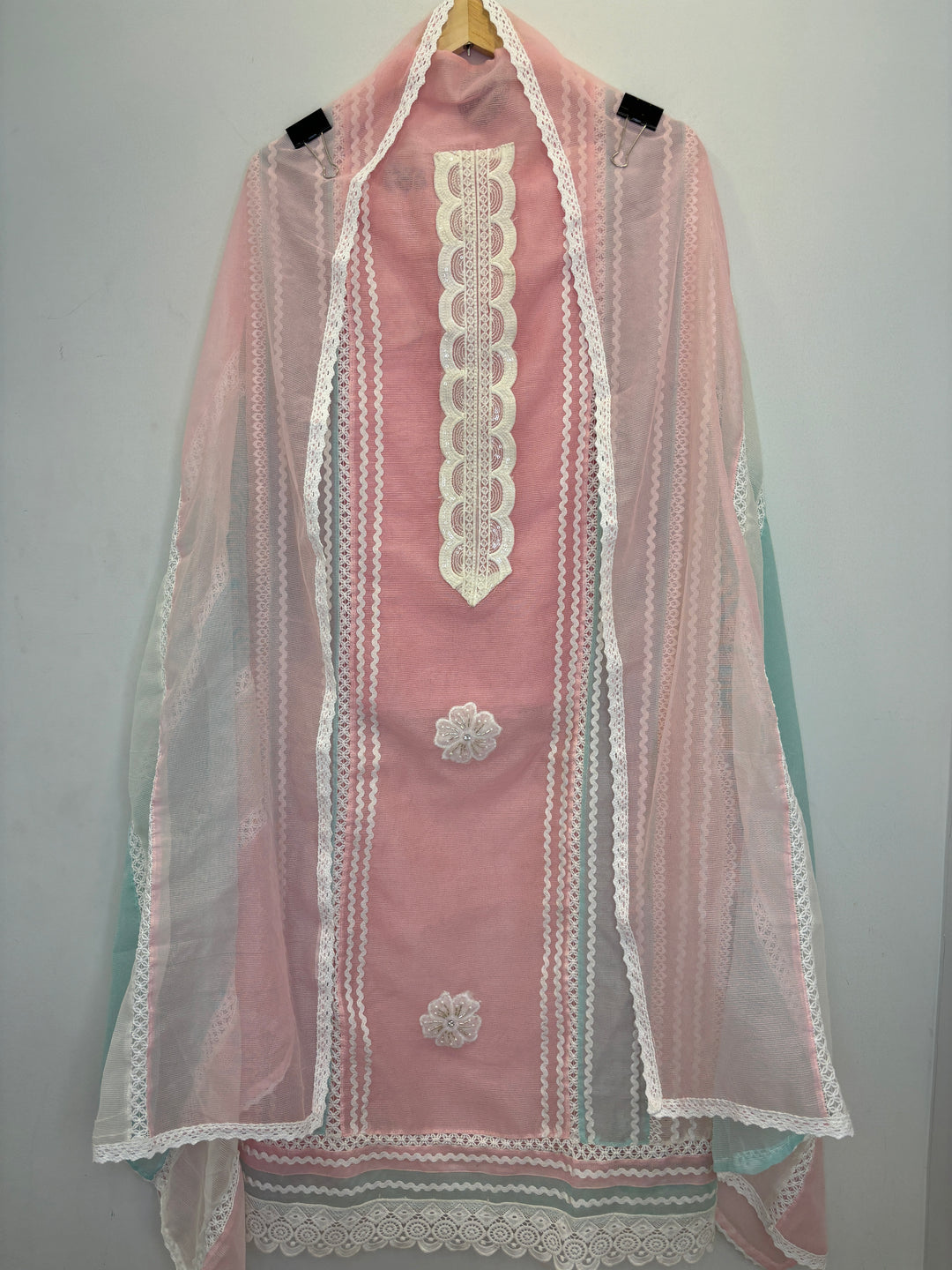 Pink Kota Unstitched Suit with Lace Detailing in Three-Tone Shades