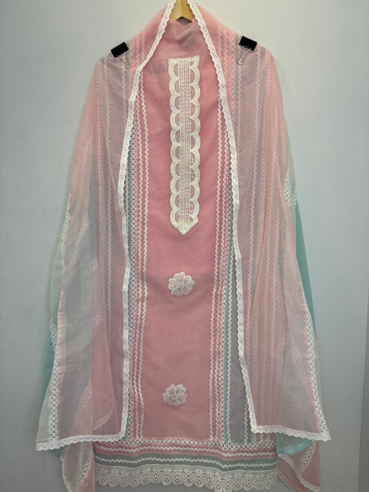 Pink Kota Unstitched Suit with Lace Detailing in Three-Tone Shades