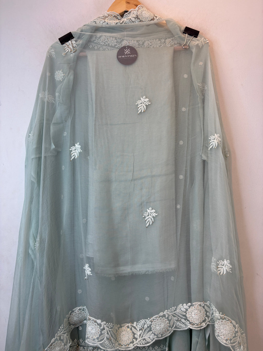 Ice Grey Green Georgette Embroidered Suit Set with Zari &amp; Cutdana Work
