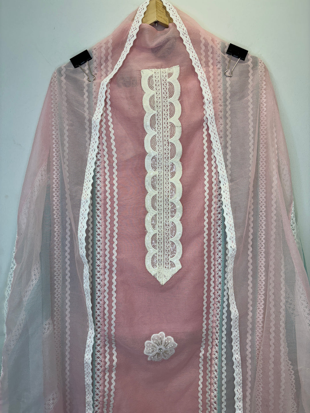 Pink Kota Unstitched Suit with Lace Detailing in Three-Tone Shades