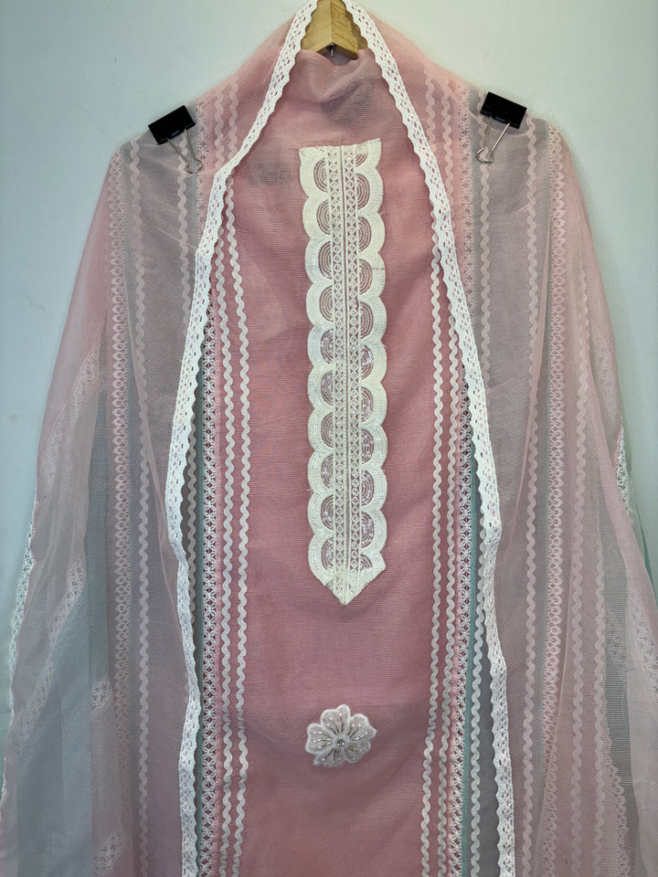Pink Kota Unstitched Suit with Lace Detailing in Three-Tone Shades