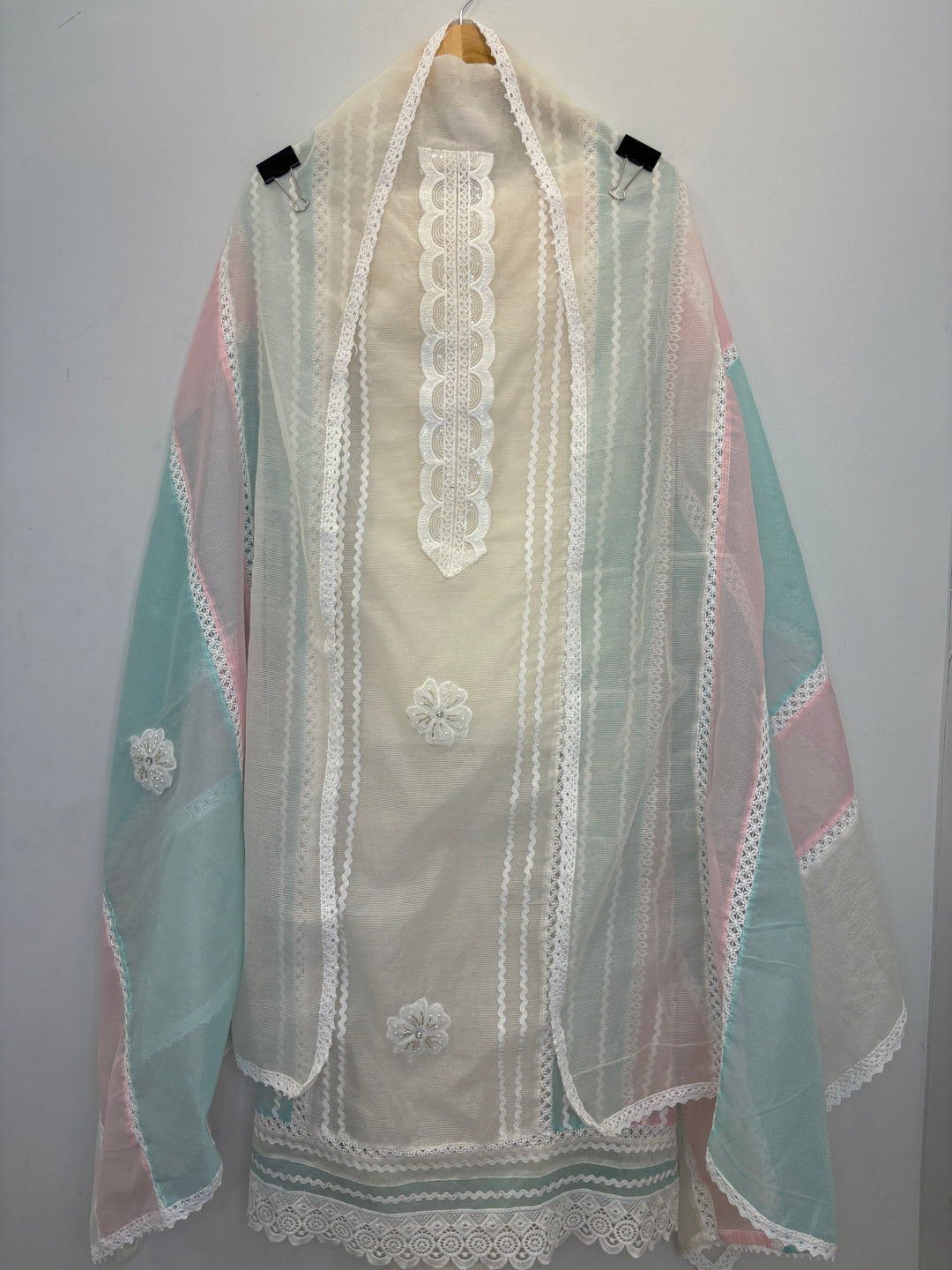 White Kota Unstitched Suit with Lace Detailing in Three-Tone Shades