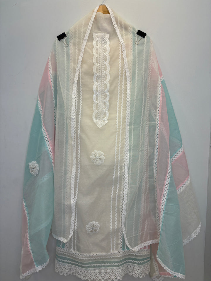 White Kota Unstitched Suit with Lace Detailing in Three-Tone Shades