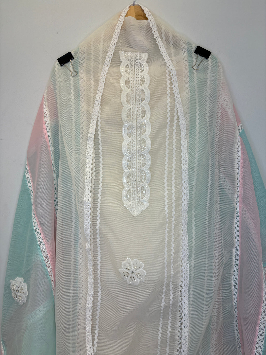 White Kota Unstitched Suit with Lace Detailing in Three-Tone Shades