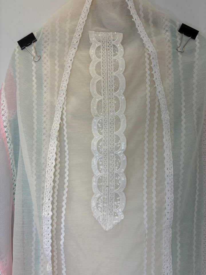 White Kota Unstitched Suit with Lace Detailing in Three-Tone Shades