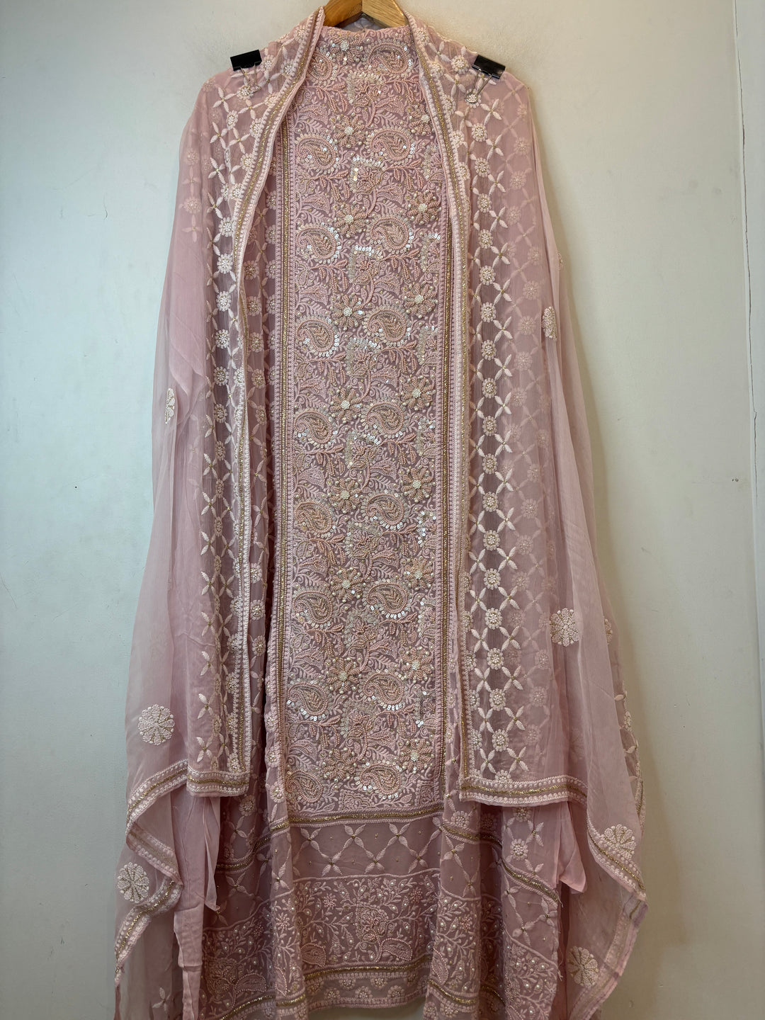 Pink Georgette Embroidered Suit Set with Handwork