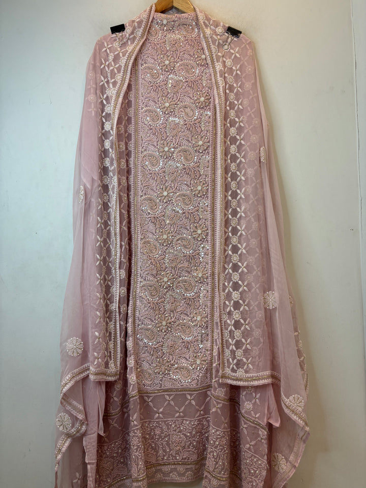 Pink Georgette Embroidered Suit Set with Handwork