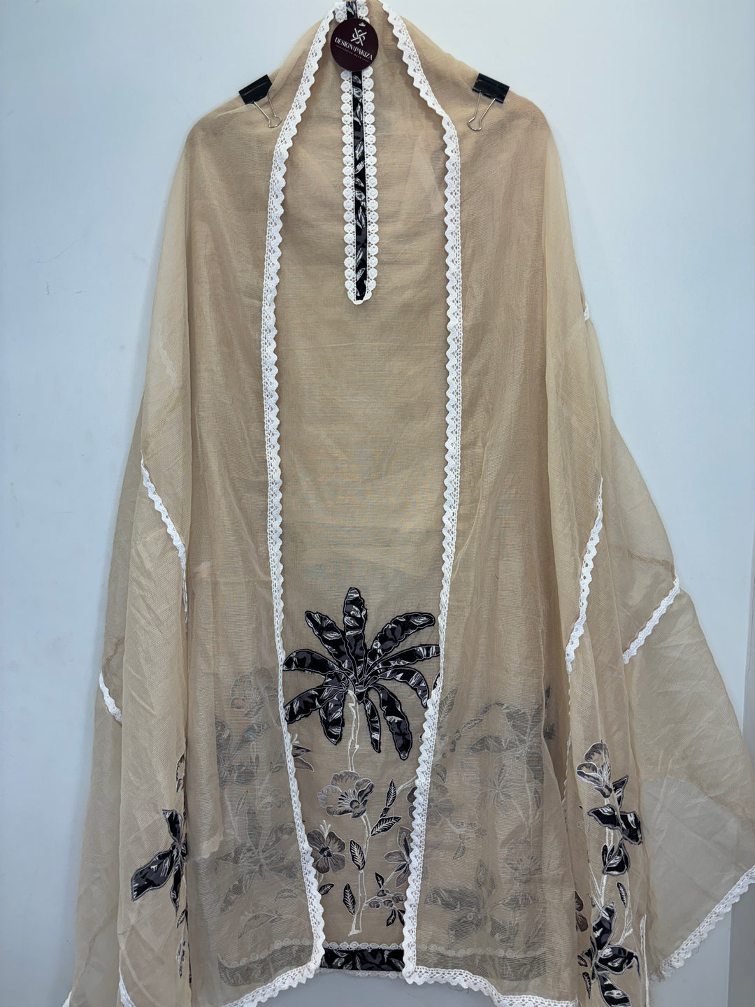 Beige Kota Unstitched Suit with Applique &amp; Lace Detailing
