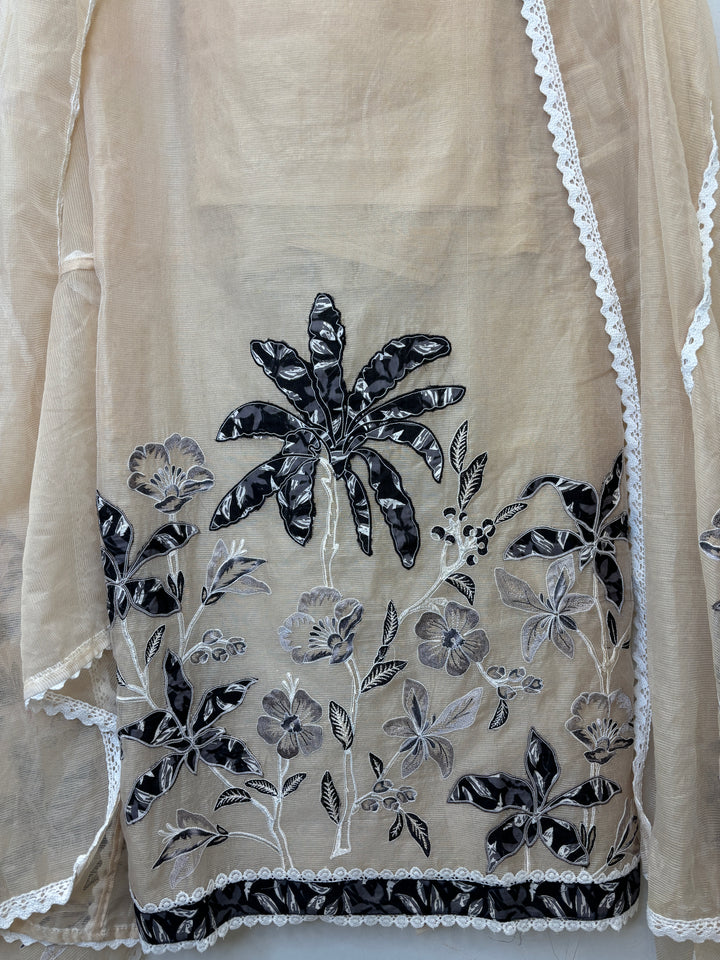 Beige Kota Unstitched Suit with Applique &amp; Lace Detailing
