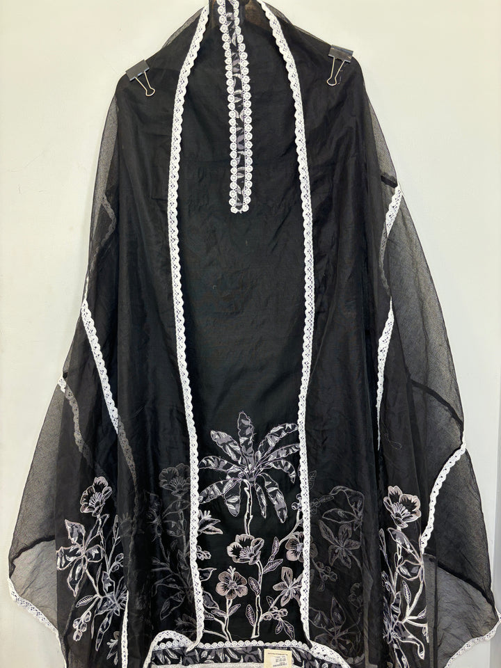 Black Kota Unstitched Suit with Applique &amp; Lace Detailing