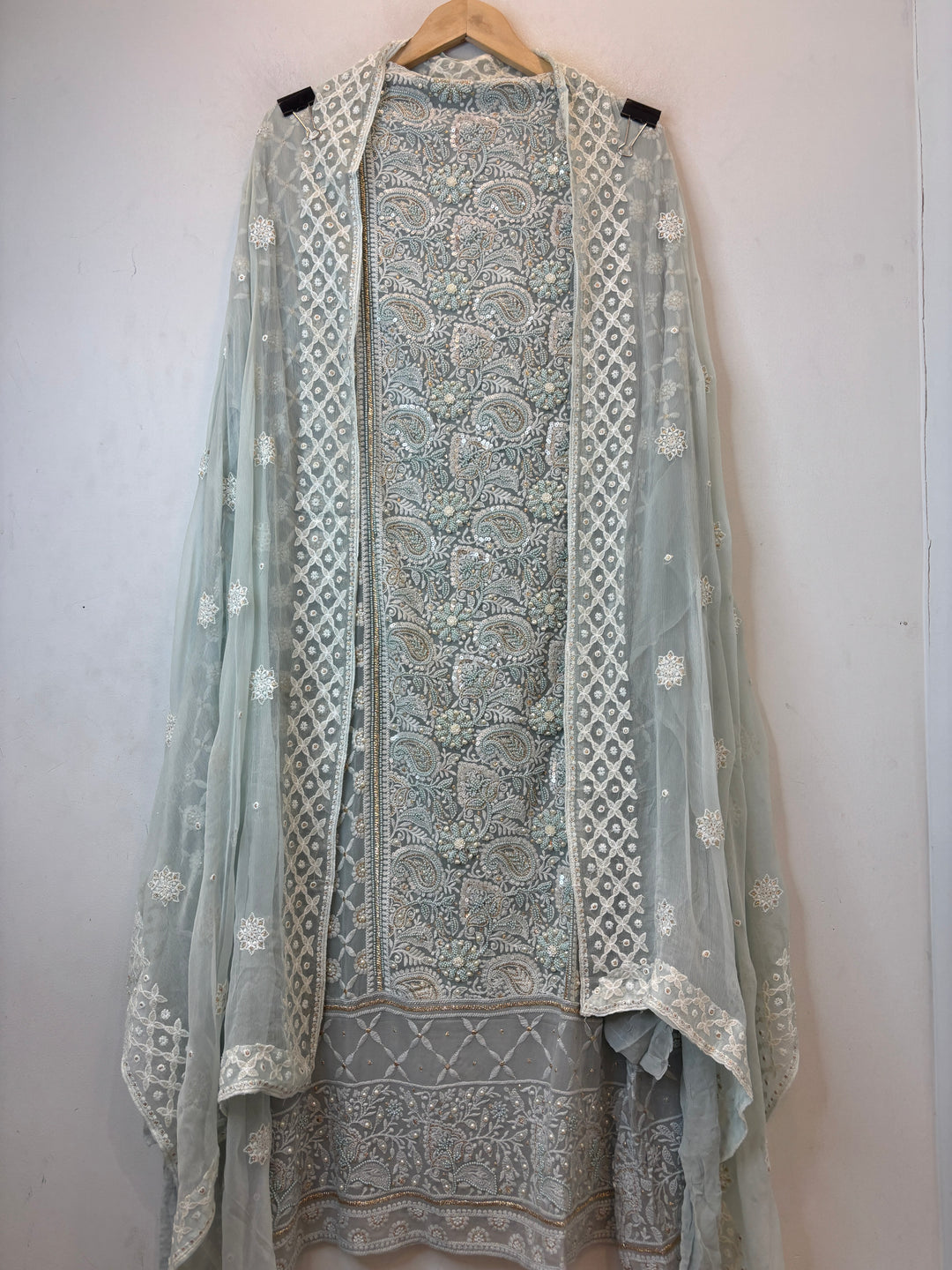 Smoky Mint Georgette Embroidered Suit Set with Handwork