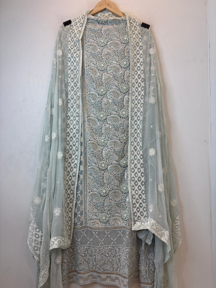 Smoky Mint Georgette Embroidered Suit Set with Handwork