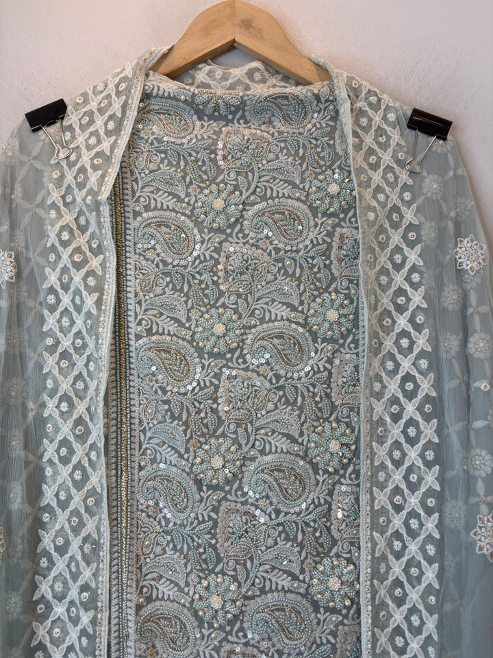 Smoky Mint Georgette Embroidered Suit Set with Handwork