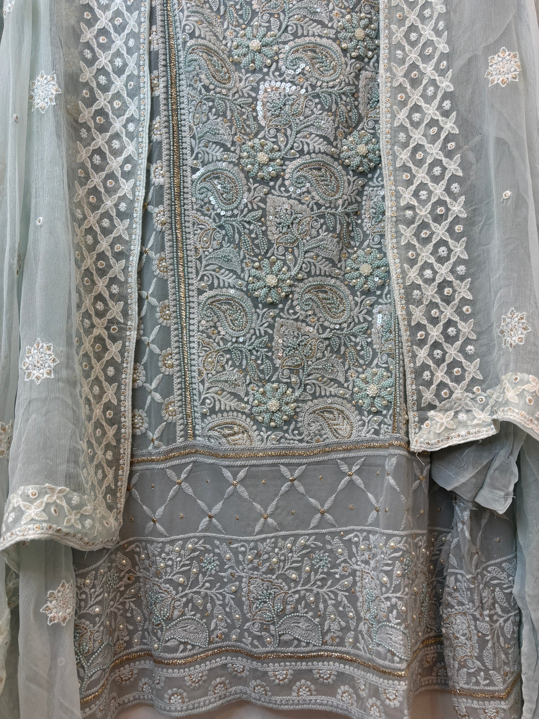 Smoky Mint Georgette Embroidered Suit Set with Handwork