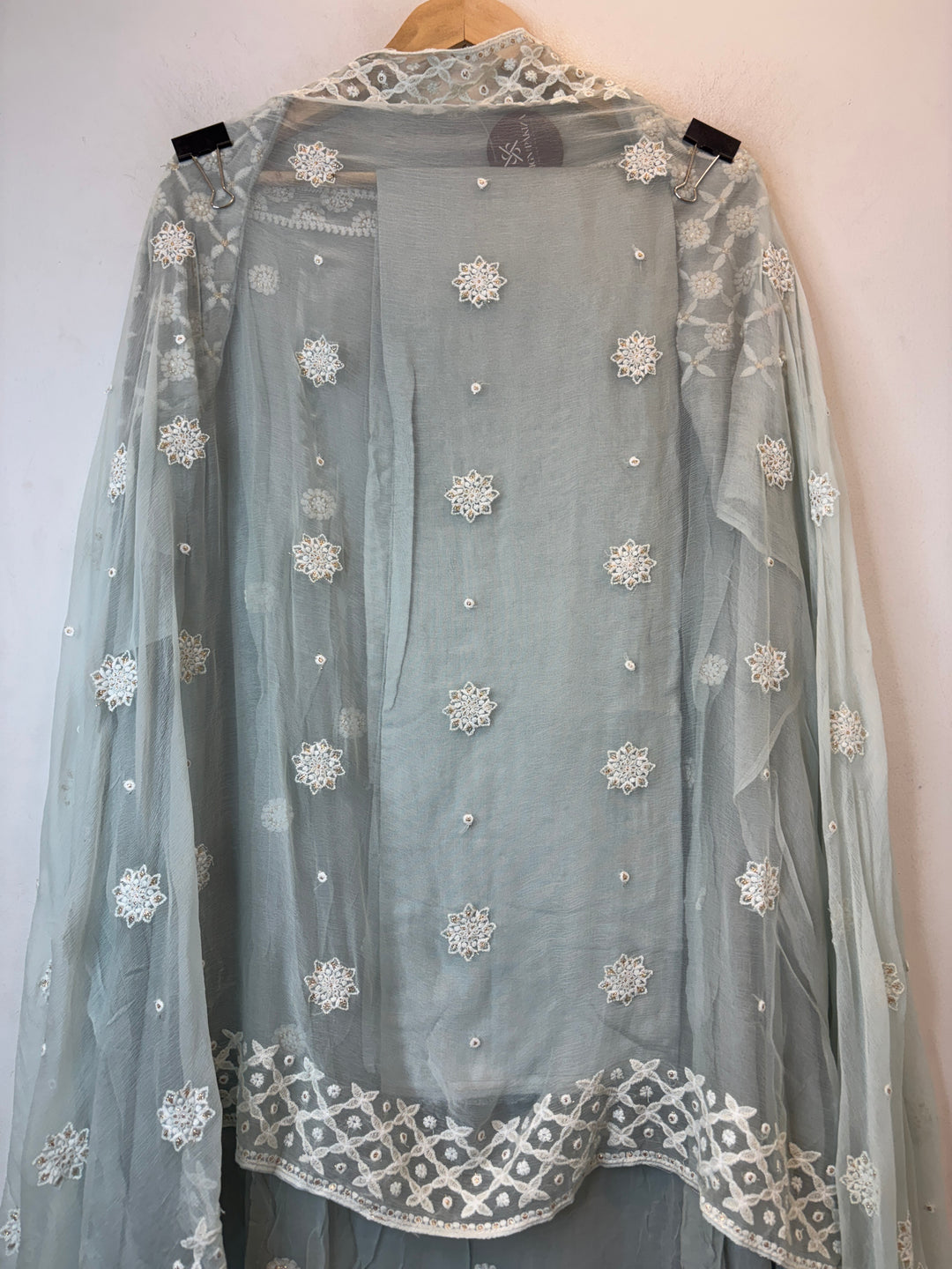 Smoky Mint Georgette Embroidered Suit Set with Handwork