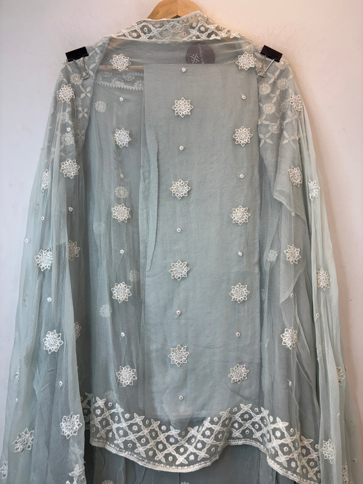 Smoky Mint Georgette Embroidered Suit Set with Handwork