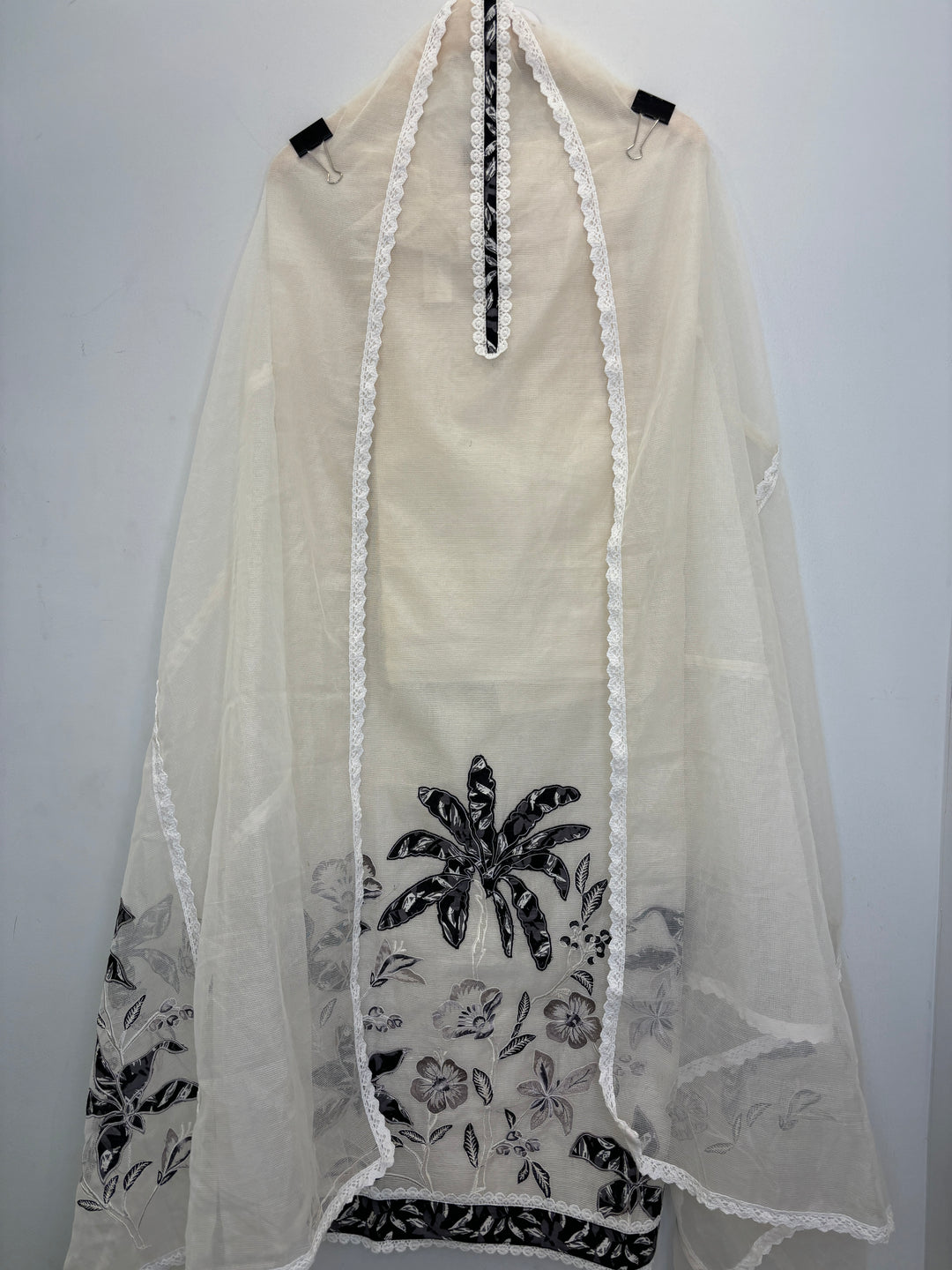 Ivory Kota Unstitched Suit with Applique &amp; Lace Detailing