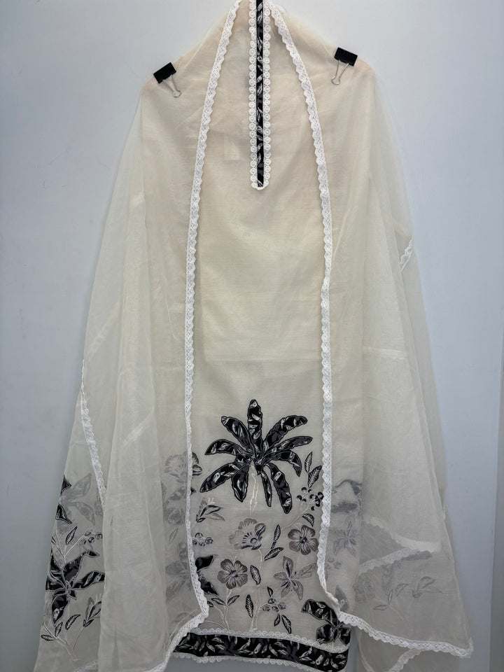 Ivory Kota Unstitched Suit with Applique &amp; Lace Detailing