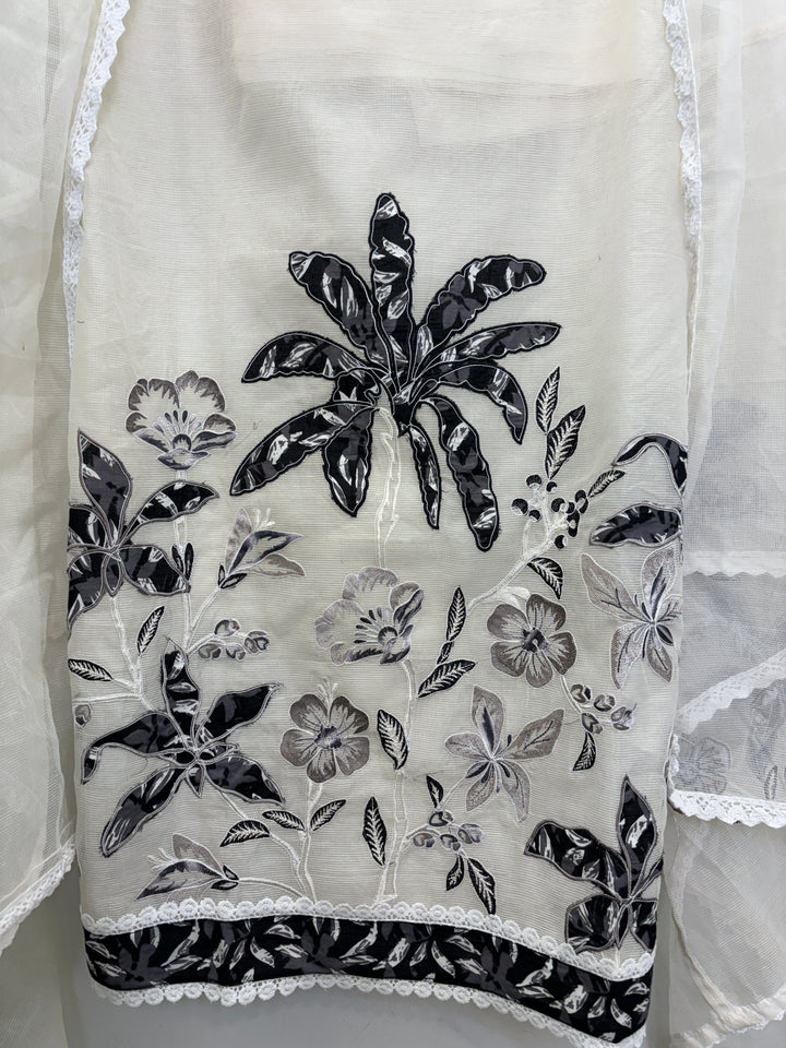 Ivory Kota Unstitched Suit with Applique &amp; Lace Detailing
